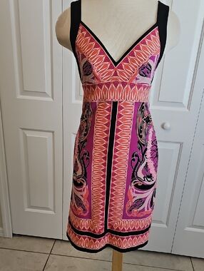 Donna Morgan V-Neck Pink Printed Sleeveless Dress. Y2K Pop Over Size 4. No Iron